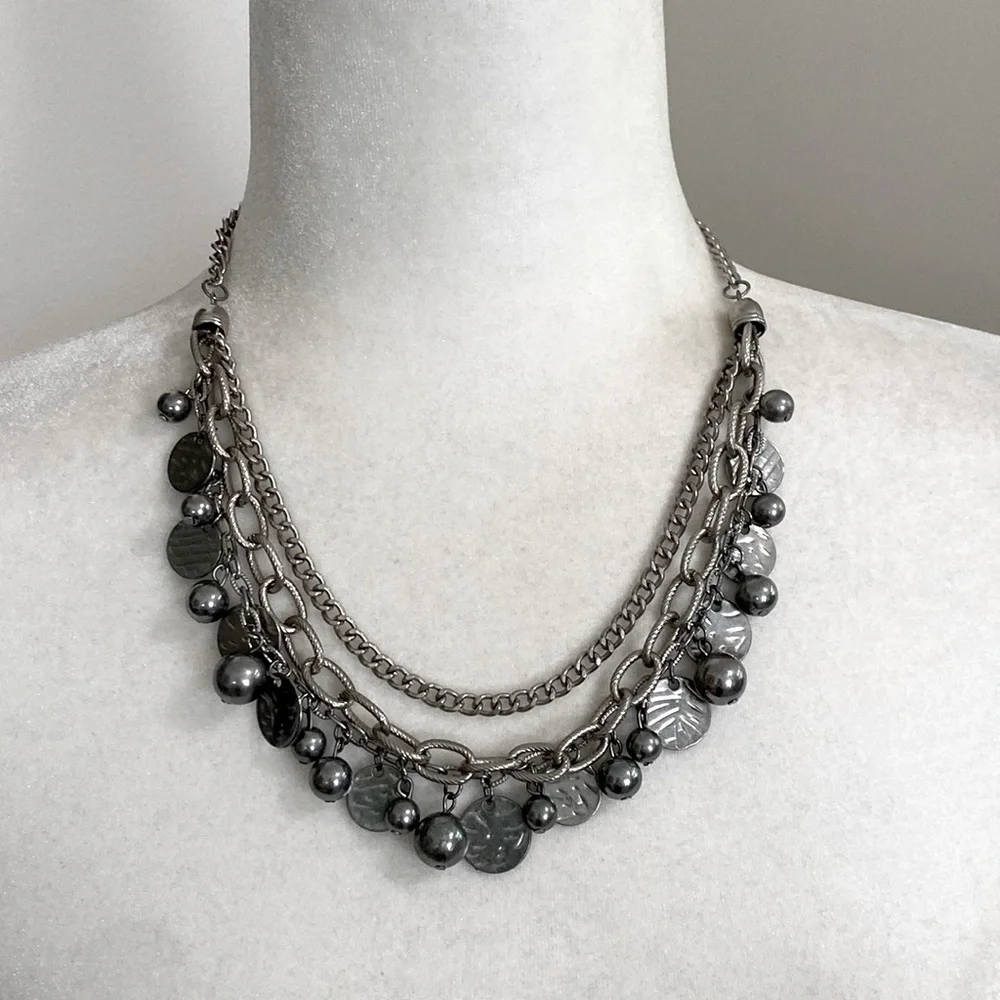 Silver Rocker Rebel Edgy Layered Bead Discs Coins Textured Chain Necklace